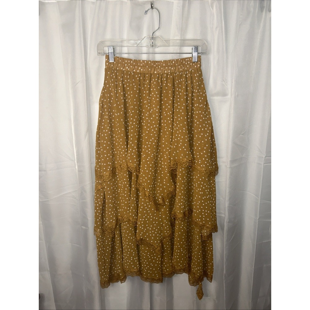 Rusttydustty Mustard Yellow Polka Dot With Lace & Layered Midi Skirt Size S